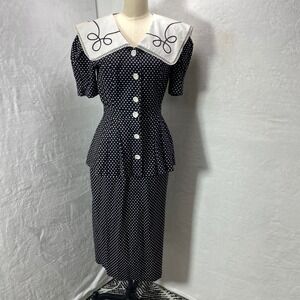 VTG Leslie Lucks Black White Polka Dot Dress Sailor Collar Peplum Button Front 6